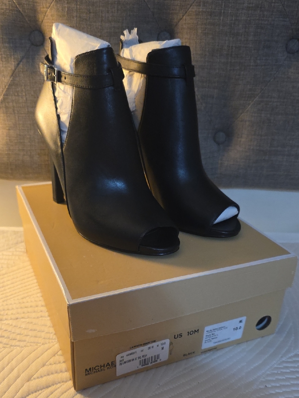MICHAEL Michael Kors Black Leather Peep-Toe Ankle Booties with Buckle